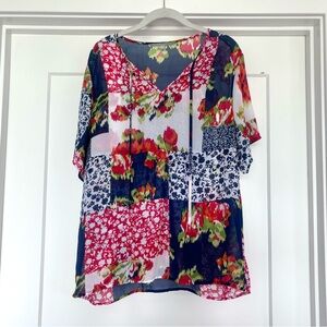 Valerie Stevens Floral Patchwork Partially Sheer Short Sleeve Top Sz XL